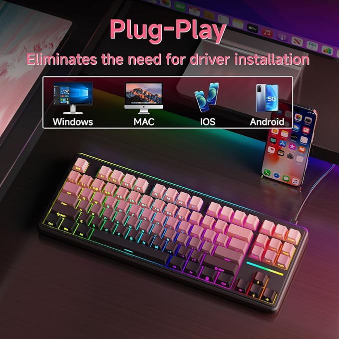 V80 Wired TKL RGB Gaming Keyboard 80% Compact Layout with PBT Keycaps Whisper Quiet Membrane Switch 26-Key Anti-Ghosting Ergonomic Computer Keyboard for Laptop PC Gamer - BlackBerry Pink