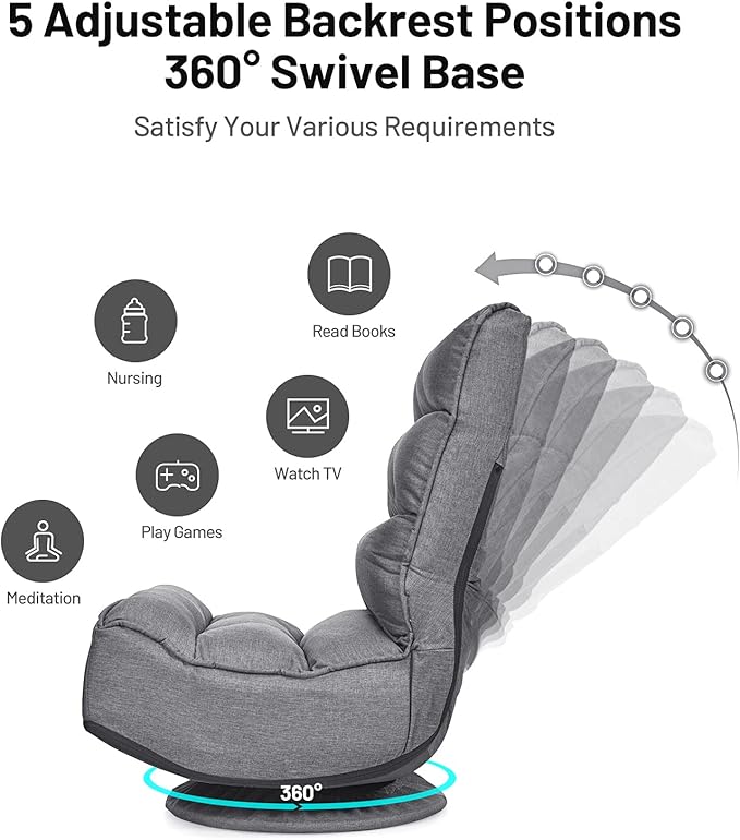 BestComfort 360-Degree Swivel Floor Gaming Chair 5-Position Adjustable Reclining Folding Floor Sofa Chair for Watching TV Reading Lounging Playing Video Game Home Office Floor Chair (Grey)