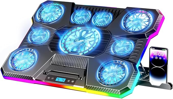 Storm Pro A21 Laptop Cooling Pad with 9 Fans (6×60mm + 4×85mm Up to 2400 RPM) RGB Lighting LCD Display Mobile Stand 9 Height Levels USB &amp Type-C Ports Fits Up to 17-Inch Laptops – Black