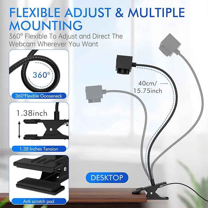 Webcam for PC Laptop Camera USB Webcam with Adjustable Gooseneck Flexible Positioning 1080P Computer Camera for Presentation Desktop Demo Full-Body View Video Call Zoom Teams Skype (Black)