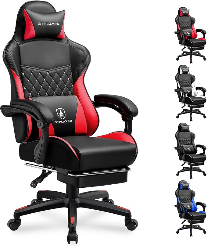 GTPLAYER Gaming Chair High Back Leather Computer Gaming Chair with Footrest Ergonomic Height Adjustable Office Chair with Removable Cover and Lumbar Support for Gaming and Work (Red)