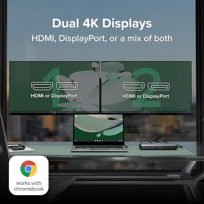 Plugable 12-in-1 Dual 4K USB C Docking Station Works With Chromebook Certified Driverless 60W Charging Dock Compatible with ChromeOS and Windows 2x HDMI 2x DisplayPort Ethernet 1x USB-C 6x USB