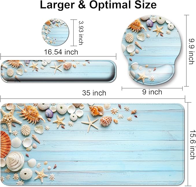 Mouse Pad + Desk Mat + Keyboard Wrist Rest + Coaster 4 in 1 Set Cute Ergonomic Large Gaming Mousepad with Wrist Rest Support Desk Pad for Computer Laptop Office Home Decor-Seashells