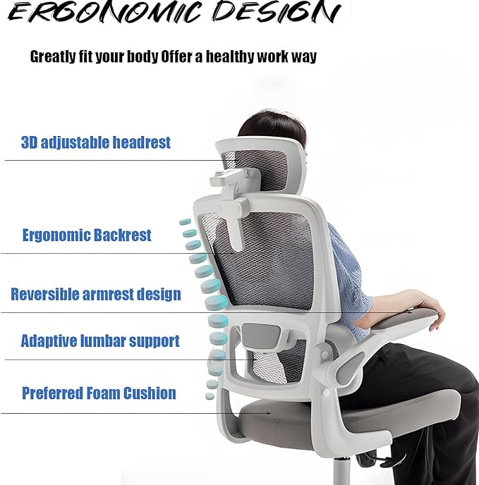 Ergonomic Office Desk Chair330 LBS Home Mesh Office Desk ChairsLumbar Support Computer Chair with Flip-up ArmsHigh Back Office Chair for Long Hours Office Chair for Study and WorkBlack