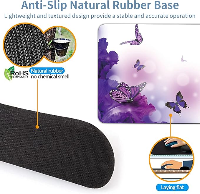 Keyboard Wrist Rest + Mouse Pad + Mouse Wrist Rest Support Set + Coaster Ergonomic Memory Foam Mouse and Keyboard Pad Set for Laptop Computer Office Home Working Gaming Purple Butterfly