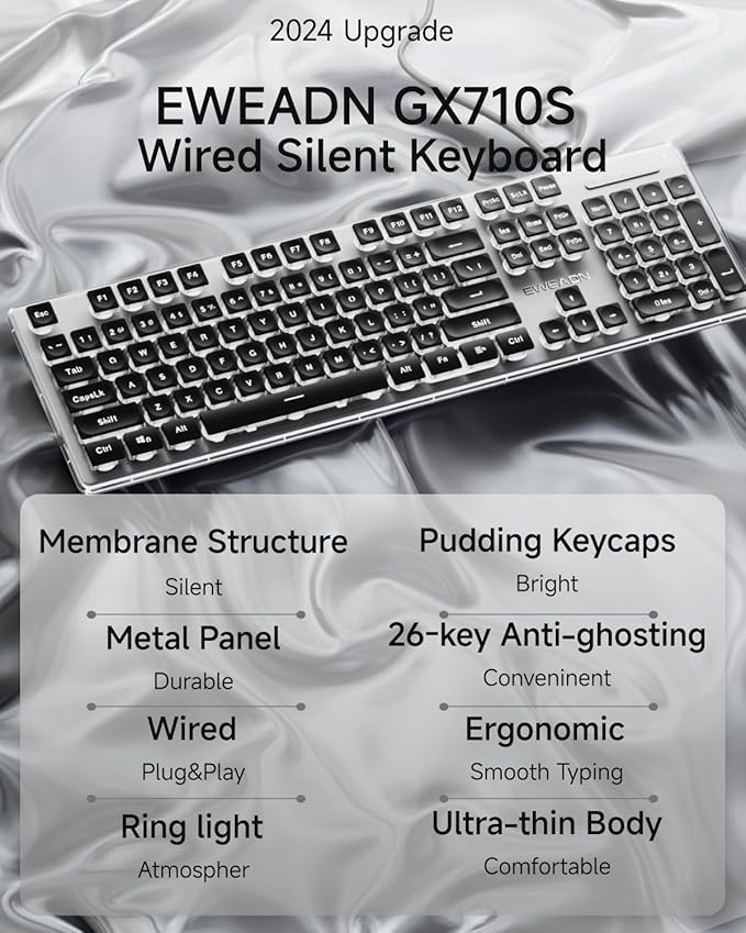EWEADN GX710S Backlit Computer Keyboards Wired USB Keyboard with White Backlit Metal Panel Plug and Play Pudding Keycaps Full Size Quite Computer Keyboard for Win/PC/Laptop-Black