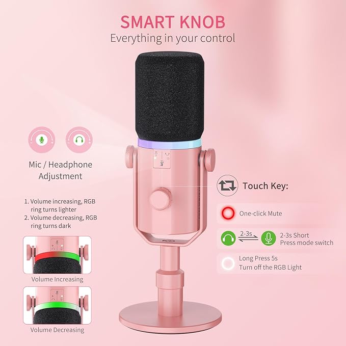 FEELWORLD PM1 XLR USB Dynamic Microphone with Desktop Stand Gifts for Podcast Recording PC Computer Gaming Streaming Vocal Voice-Over Studio Metal Mic RGB Light Mute Button Headphones Jack (Pink)