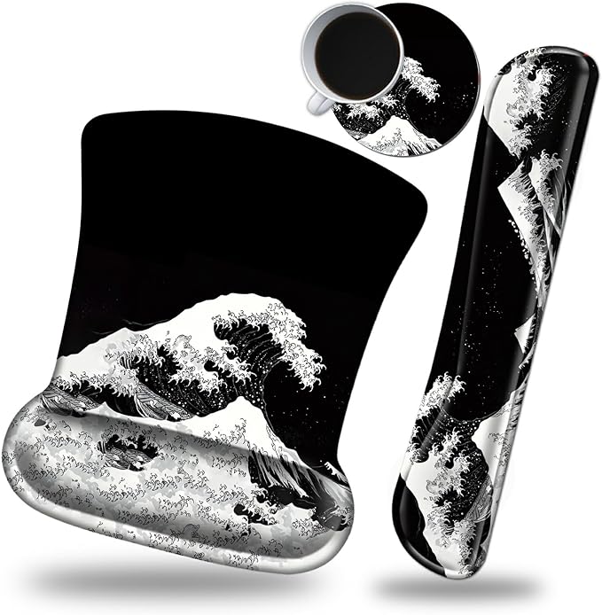 Keyboard Wrist Rest and Mouse Wrist Rest Pad Set Made of Memory Foam with Non Slip Rubber Base Ergonomic Gel Wrist Rest for Computer Keyboard Gaming Office Working with Japanese Sea Wave Coaster