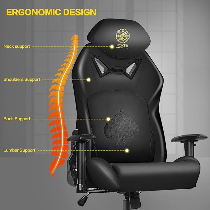 Ergonomic Video Poker Gaming Chair Recliner with Texas Hold'em Sign Swivel Chair with Poker Logo Lumbar Support Headrest Height Adjustable for Study Home Office Black Poker 5