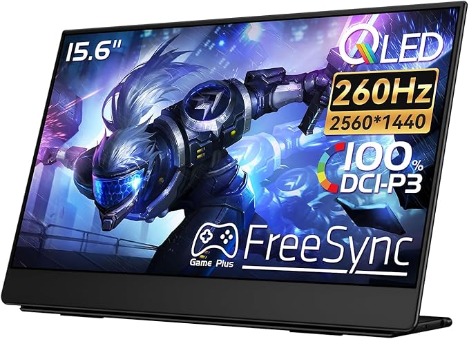 EHOMEWEI Q1g Pro 260Hz QLED 2.5K Portable Gaming Monitor 15.6 400Nit Brightness 16:9 Display 2560 * 1440 100% DCI-P3 for Working/Gaming/Travel Phone/Switch/Windows MacOS