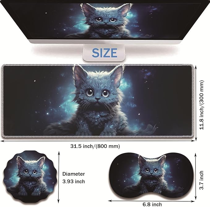 Extended Non-Slip Mouse Pad + Mouse Wrist Rest + Lace-Shaped Coaster Set Ergonomic Design Suitable for Desk and Home Gaming Table Mat Galaxy Cat