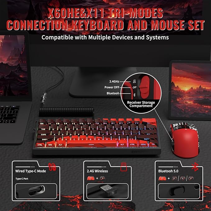 Attack Shark X11&ampX60HE Mechanical Wireless Gaming ComboRapid Trigger Magnetic Switches 8K Keyboard59g Ultra-Light Mouse with Charging Dock 22K DPIPAW3311RGB Backlit 3-Mode with Coiled Cable-R