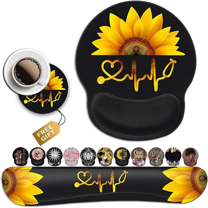 Ergonomic Wrist Protection Mouse Pad Wrist Guard and Keyboard Wrist Rest Non-Slip Rubber Base Mouse Pad Sunflower and ECG Stethoscope Pattern Personalized Fashionable Black Office Accessories