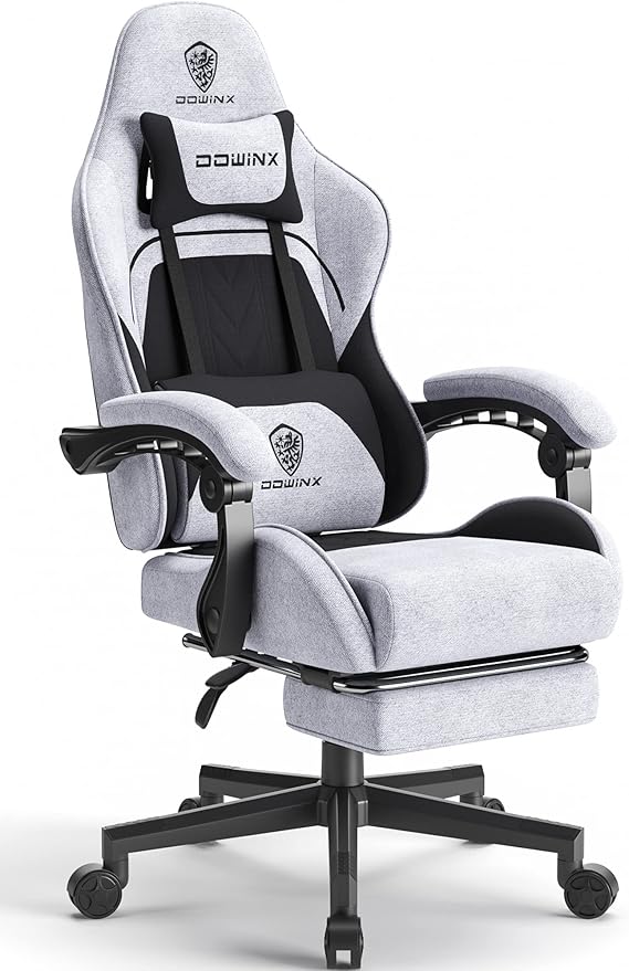 Dowinx Gaming Chair Fabric with Pocket Spring Cushion Massage Game Chair Cloth with Headrest Ergonomic Computer Chair with Footrest 290LBS Black and Grey