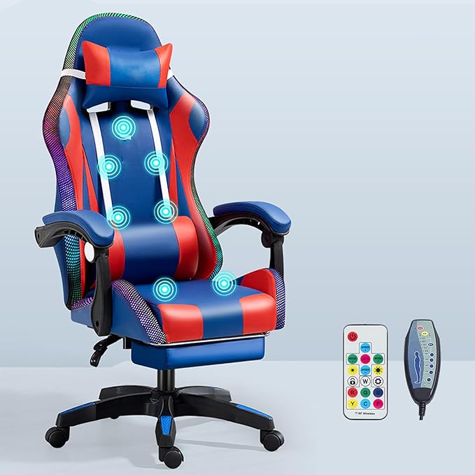 RGB Gaming Chair with Footrest Ergonomic Massage Computer Desk Chair Video Gaming Chair with Speakers Lumbar Support Height &amp Angles Adjustable Reclining Gamer ChairRGB/7 Point Massage