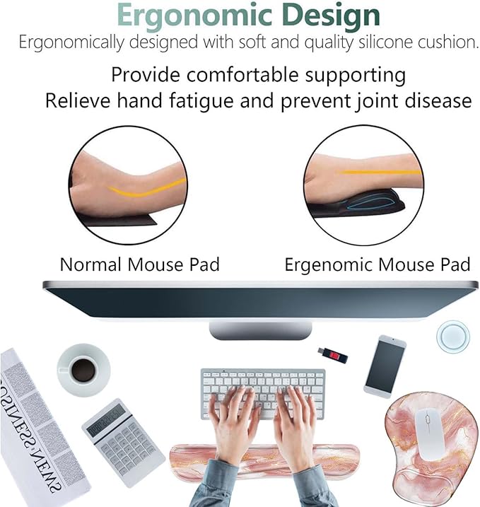 Keyboard Wrist Rest Pad Ergonomic Mouse Pad SetNon-Slip PU Base for Laptop Home Gaming OfficeMatching Elephant Pen Holder and Cup Coaster(Rose Gold Marble)