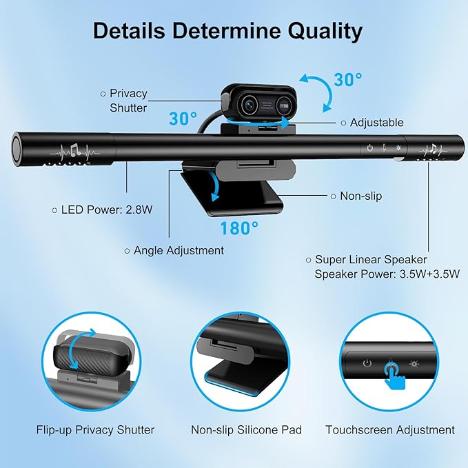 4K Webcam with Microphone and Speaker 4-in-1 Web Cam with Integrated Fill Light Bar Webcam for Pc Have Dual Speakers HDR Auto Light Correction Privacy Cover for Computer We bcam &amp Standing De