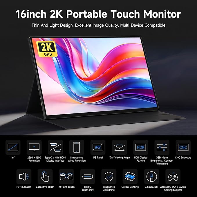 waveshare Luckfox 16inch 2K Portable Touch Monitor with Magnetic Protective Case 2560 × 1600 Resolution HDR 165Hz Refresh Rate IPS Panel Optical Bonding 10-Point Touch