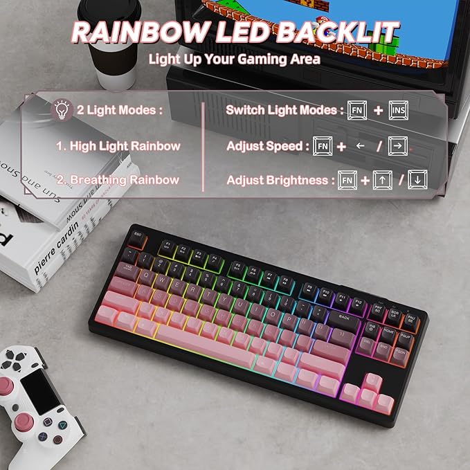 ZIYOU LANG M87 75% Wireless Gaming Keyboard Mechanical Feel Silent Rainbow Backlit Bluetooth/2.4Ghz PBT Gradient Keycaps Rechargeable 4000mAH Battery Ergonomic for MAC/Win/PC-Pink