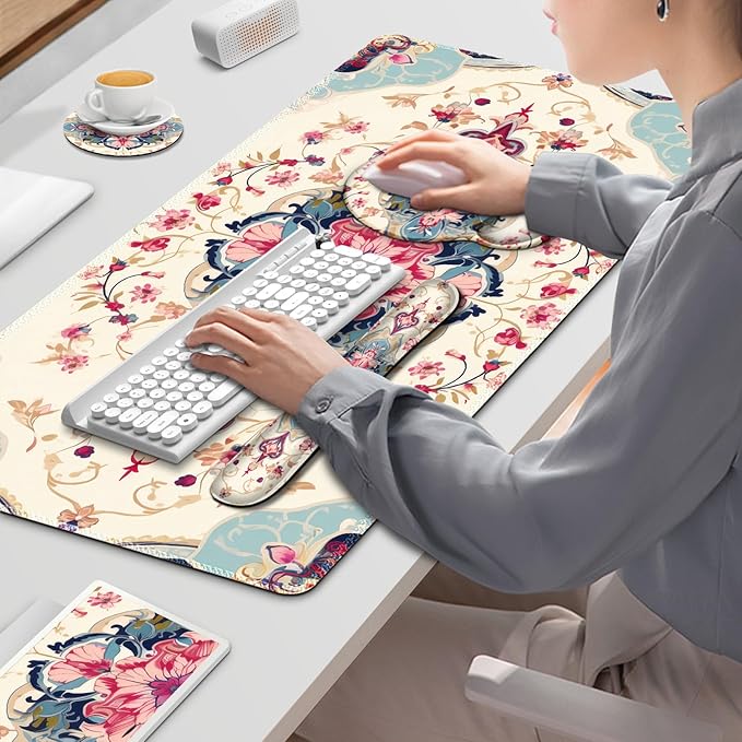 Gaming Mouse Pad Large Desk Mat Cute Desk Pad Protector 4in1 XXL Mousepad + Keyboard Wrist Rest+Mouse Wrist Rest+Coaster Set with Ergonomic Desk Pad for Home Office Computer Retro Style Pattern