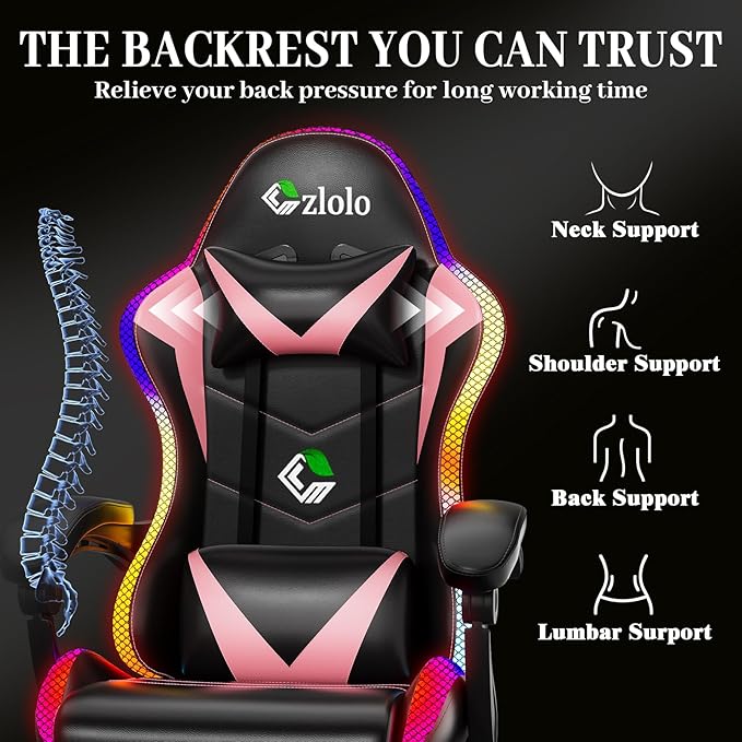 Gaming Chair Racing Style RGB LED Lights Gaming Chairs for Adults and Kids Lumbar Massager Gamer Chair High Back Reclining Computer Chair with Footrest and Headrest (Black/Pink)
