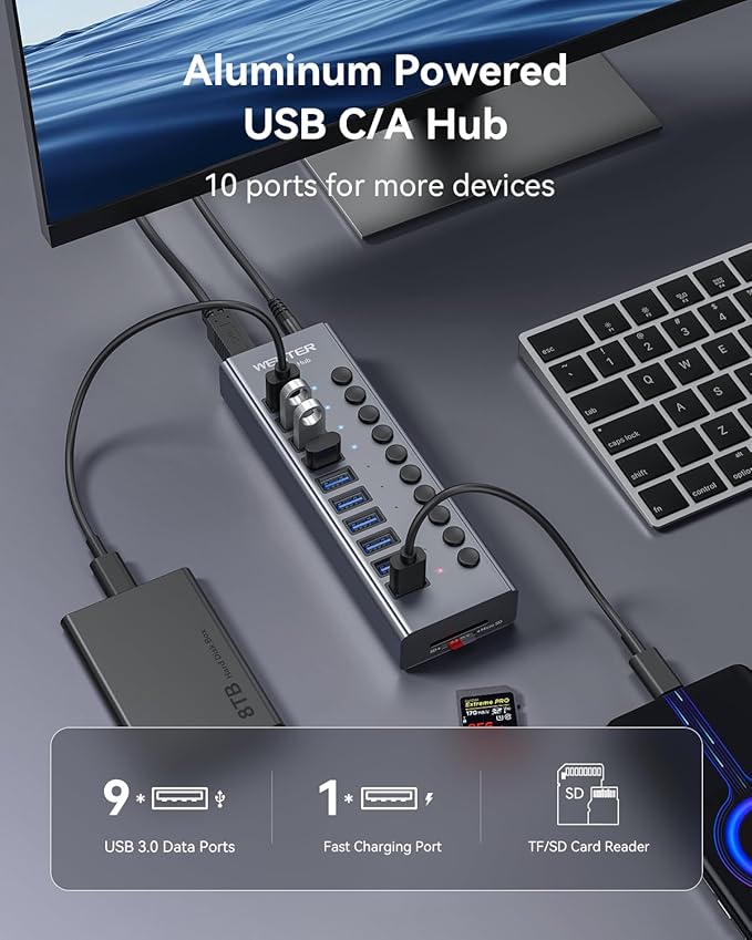 WENTER Powered USB Hub 3.0 with SD/TF Card Reader Aluminum 10 Port Powered USB Hub (9 USB 3.0 Data Transfer Port &amp 1 USB Fast Charging Port Hub) USB 3.0 Hub for PC Laptop