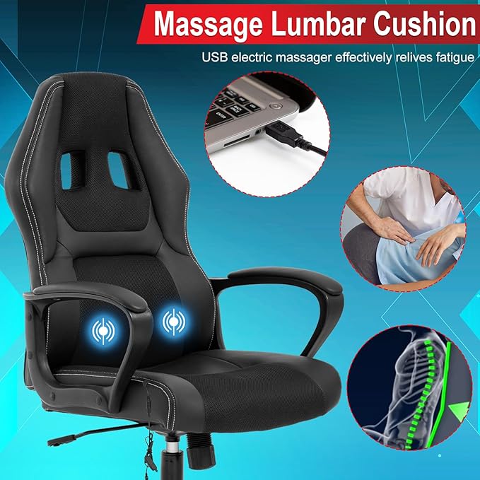 Gaming Chair with Massage Function PU Leather Chairs Ergonomic Office Chair Executive Computer Chairs High Back Computer Task with Lumbar Support Adjustable Height Black