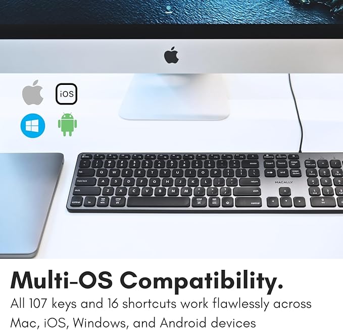 Macally Wired Keyboard for Mac with USB Hub (2X USB-A / 1x USB-C) - Compatible Backlit Apple Keyboard with Dual Interface - Auto OS Detection for Mac MacBook Pro/Air iMac PC Android iPad iOS