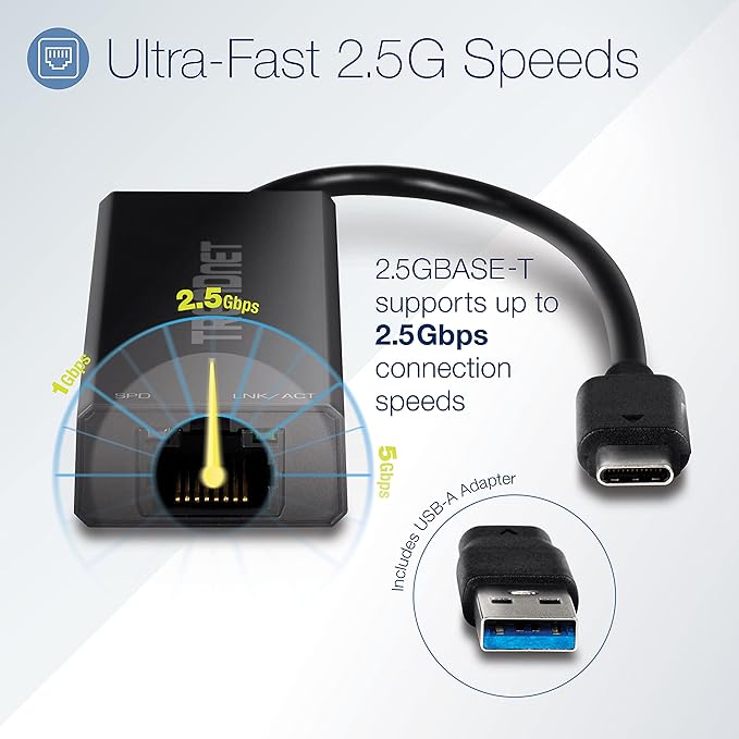 TRENDnet USB-C 3.1 to 2.5GBASE-T Ethernet Adapter TUC-ET2G NDAA &amp TAA Compliant Windows &amp Mac Compatible USB Type-C to USB-A Converter Included Up to 2.5Gbps Speeds Black