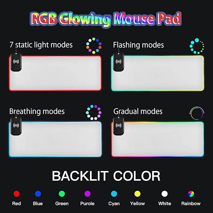 White Mouse Pad Gaming Mousepad Non Slip Desk Mat Wireless Charging RGB Computer Mouse Pads Keyboard Mats Pad for Desktop Home Office 31.5 x 11.8 in