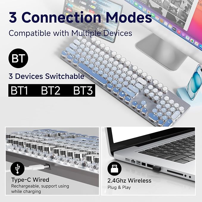 EWEADN Typewriter Keyboard Wireless Mechanical Keyboard 104 Keys Gradient Color Typewriter Keyboards with White Backlit Anti-Ghosting Blue Switch Bluetooth/2.4GHz/Wired Keyboards-Blue