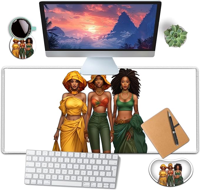 Large Mouse Pad with Mouse Wrist Rest 31.5x11.8 in Extended Mouse Mat Ergonomic Memory Foam Wrist Rest for Work &amp Gaming Writing Pad African American Women Black Girl Pattern White Office Desk