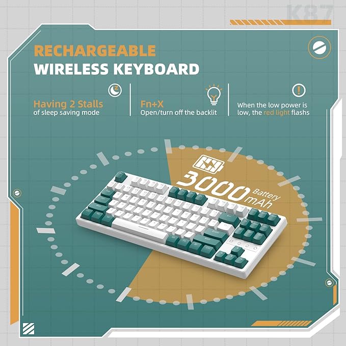 ZIYOU LANG K87 Wireless Gaming Mechanical Keyboard TKL 87 KeysTriple Mode 2.4GHz/BT 5.0/Coiled Keyboard Cable RGB Backlit Hot Swap Keyboard 3000mAh Battery Linear Yellow Switch for Win/Mac/Linux