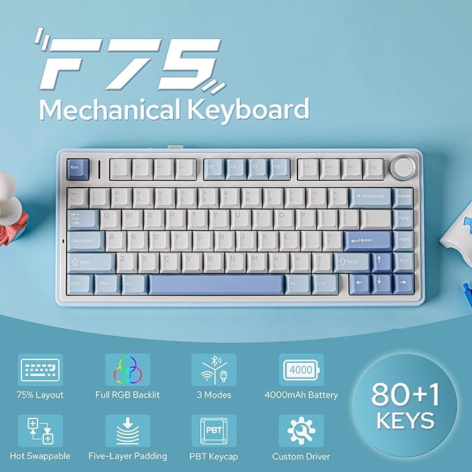 EPOMAKER x Aula F75 Gasket Mechanical Keyboard 75% Wireless Hot Swappable Gaming Keyboard with Five-Layer Padding&ampKnob BT/2.4GHz/USB-C RGB (Sea Salt Blue Ice Vein Switch)
