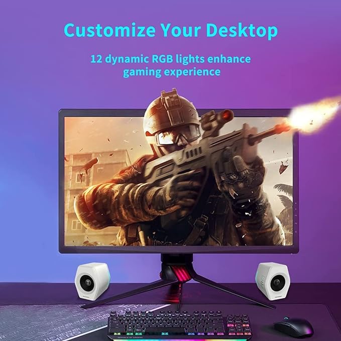 G2000 32W PC Computer Speakers for Gaming Desktop PC Laptop Mac Computer Woofer Speakers Bluetooth USB 3.5mm AUX Inputs RGB Lights Multimedia Speakers White (Renewed)