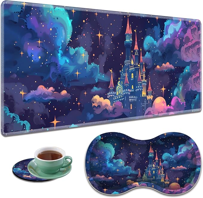 Large Gaming Mouse Pad + Mouse Wrist Rest Pad + Coaster Combination 31.5 x 11.8 Durable Non-Slip Extension Table Mat Suitable for Office and Home Astral Cloud Castle