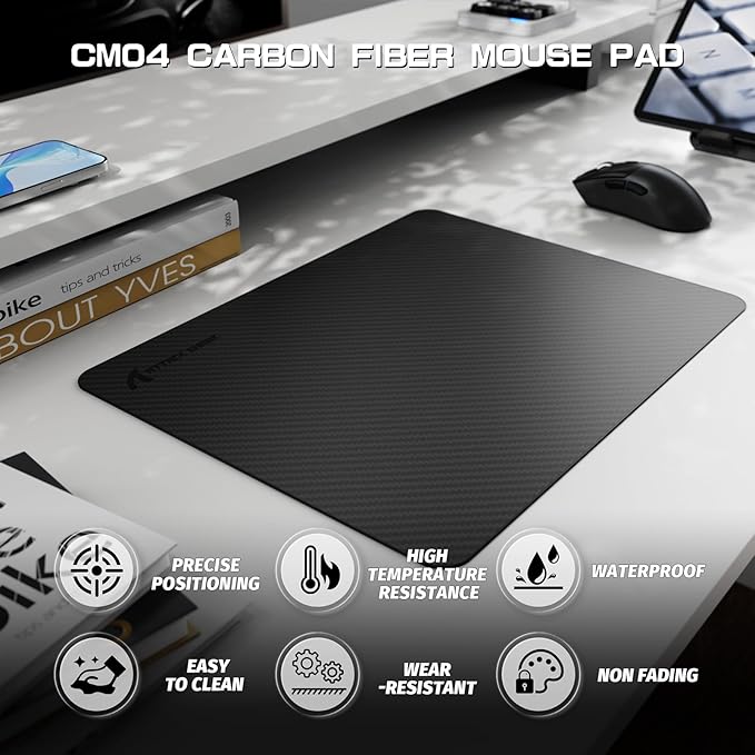 ATTACK SHARK CM04 Carbon Fiber Gaming Mouse PadEsports Mouse Mat G240Durable Non-Slip Natural Rubber BaseHigh Temperature Resistant &amp Waterproof Desk Mat for Gamer/Desktop/Office/Home(360x280mm