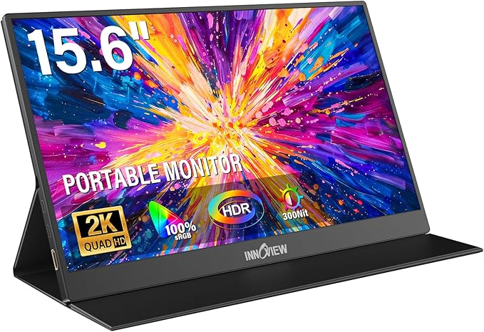 InnoView Portable Monitor 15.6 2K QHD for Laptop with Protective Sleeve Built-in 90° Adjustable Stand USB C HDMI Ultra-Slim Portable Laptop Monitor for MacBook Phone PS Xbox Switch