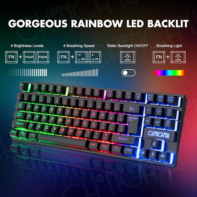 CHONCHOW Wireless Gaming Keyboard and Mouse Combo Rechargeable 87 Key LED Light Up Keyboard Ergonomic Gaming Mouse Backlit Wireless Mouse and Keyboard for Xbox PS4 PS4 PC Laptop