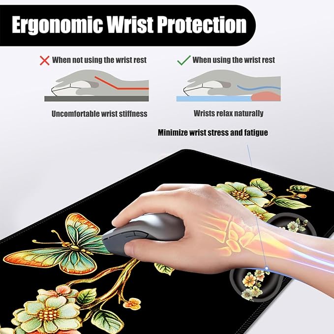 Mouse PadLarge Desk Mat Set 4in1 XL Mousepad + Keyboard Wrist Rest+Mouse Wrist Rest+Coaster with Ergonomic Desk Pad for Home Office Table Computer Cover -Vintage Floral Butterfly