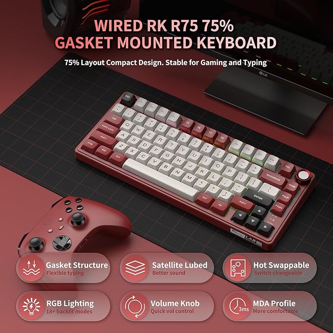 RK ROYAL KLUDGE R75 Mechanical Keyboard Wired with Volume Knob 75% Keyboard Gasket Mounted RGB Backlit Creamy Keyboard with MDA Profile PBT Keycaps Hot Swappable Pre-lubed Linear Switch