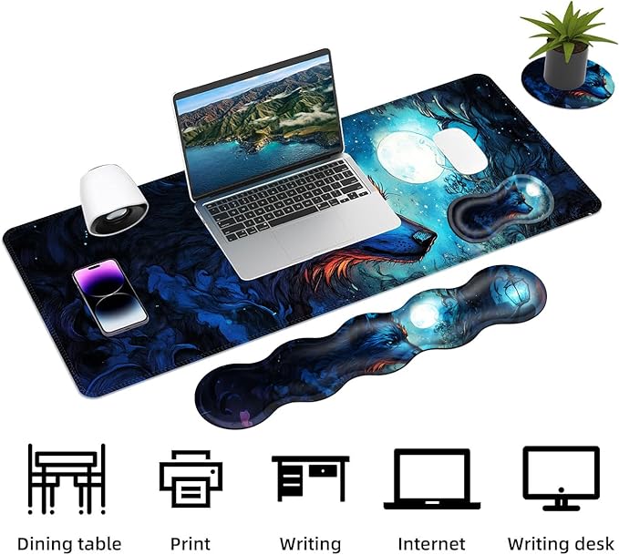 Keyboard Mouse Pad Set Extended Gaming Mouse Pad+Ergonomics Keyboard Wrist Rest Support Memory Foam Easy Typing Pain Relief 4Pcs XL Ultra Thick Desk MatBlue Moon Wolf Fantasy
