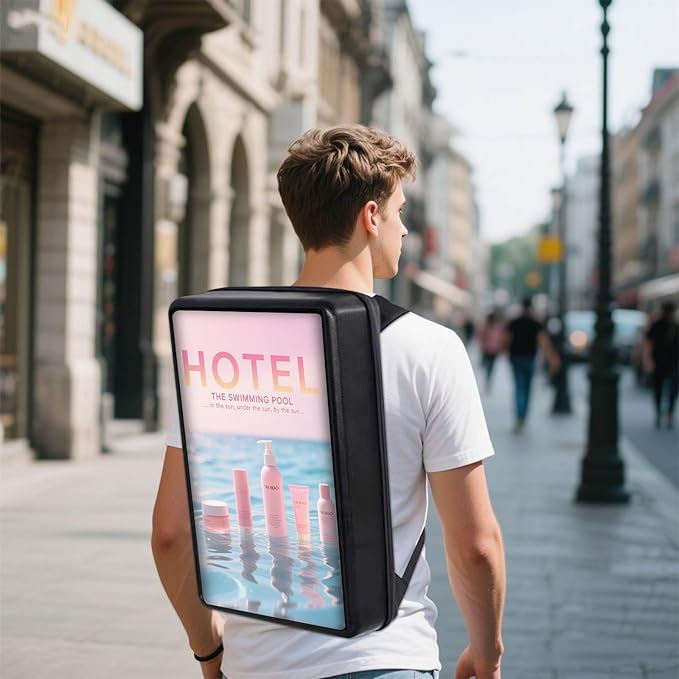 21.5 Inch Touchscreen Advertising Backpack 1000nits High Brightness LCD Screen Backpack IP65 Waterproof Digital Signage Backpack with USB/App/CMS Input for Auto Playback Split Screen Android 11OS