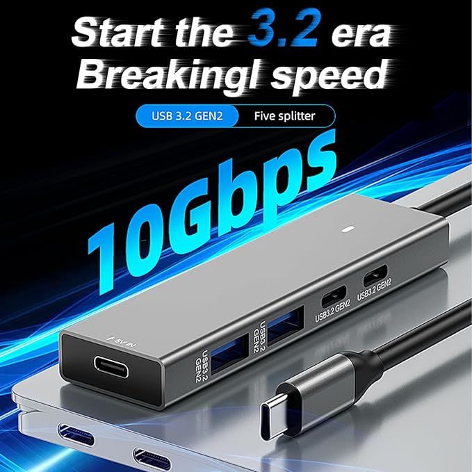 TypeC Hub 1 To5 Port 2A2C Splitter Usb3.2 10G Hub Adapter for Computer Laptops 10Gbps TypeC Docking Station