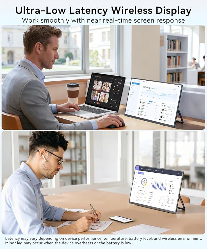 Wireless Portable Monitor for Laptop 15.6 Portable Monitor with Battery-1080P FHD Second Screen for Home &amp Office AirPlay &amp Miracast Casting No Cables or Drivers Needed(with Bag)