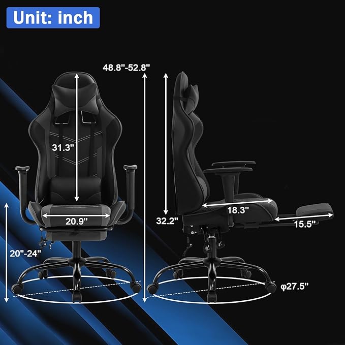 Massage Gaming Chair - Ergonomic PC Racing Office Chair with Lumbar Support Headrest Armrest Footrest - Black Heavy Duty PU Leather Recliner for Adults Gamer (Grey)