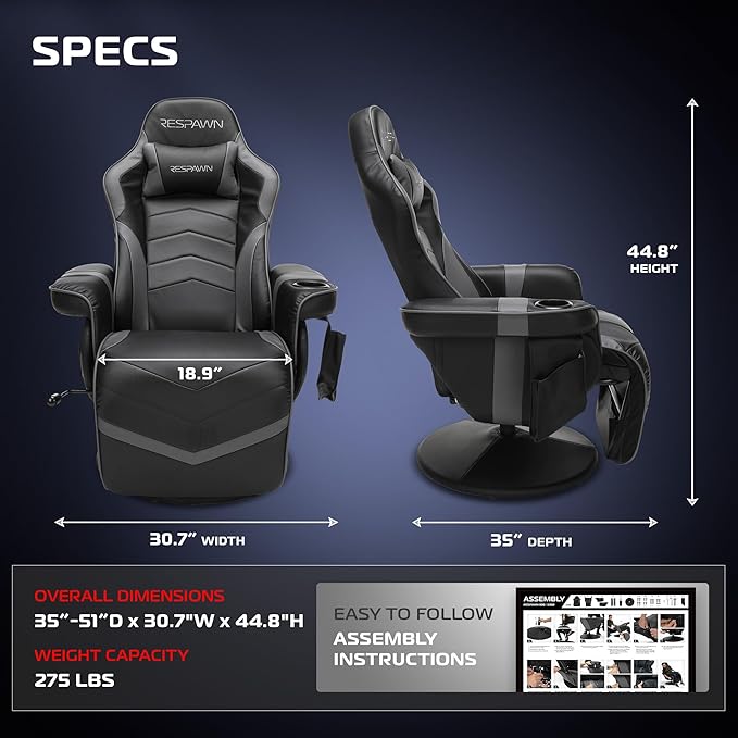 Respawn 900 Console Gaming Recliner with Footrest and Lumbar Support - Comfortable Ergonomic Gaming Chair with Headrest No Wheels Reclining Heavy Duty Racing Style Video Game Chairs - Gray