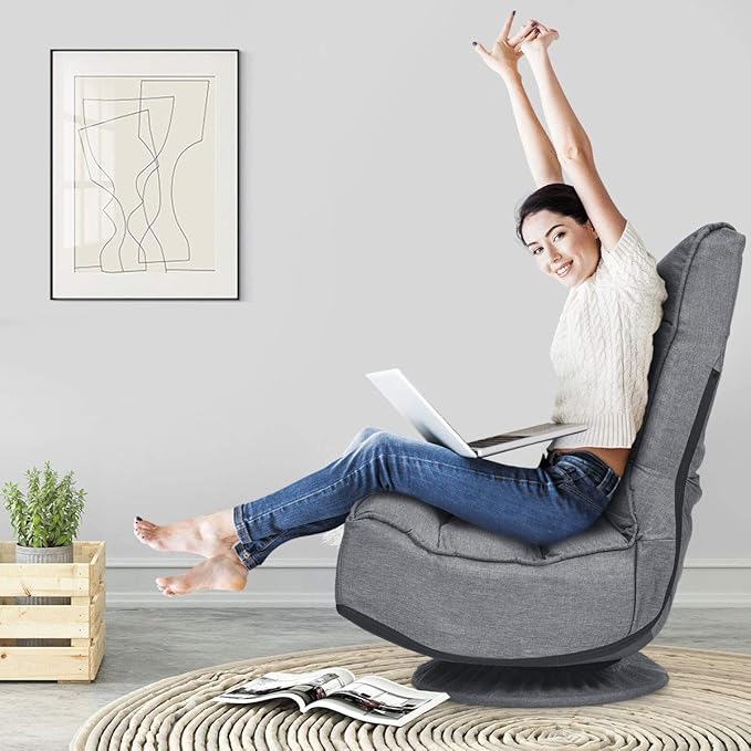 Giantex 360 Degree Swivel Floor Chair Folding Floor Gaming Chair with 6 Positions Adjustable Lazy Sofa Lounge Chair w/Tufted Back Support Video Gaming Chair for Reading TV Watching (Gray)