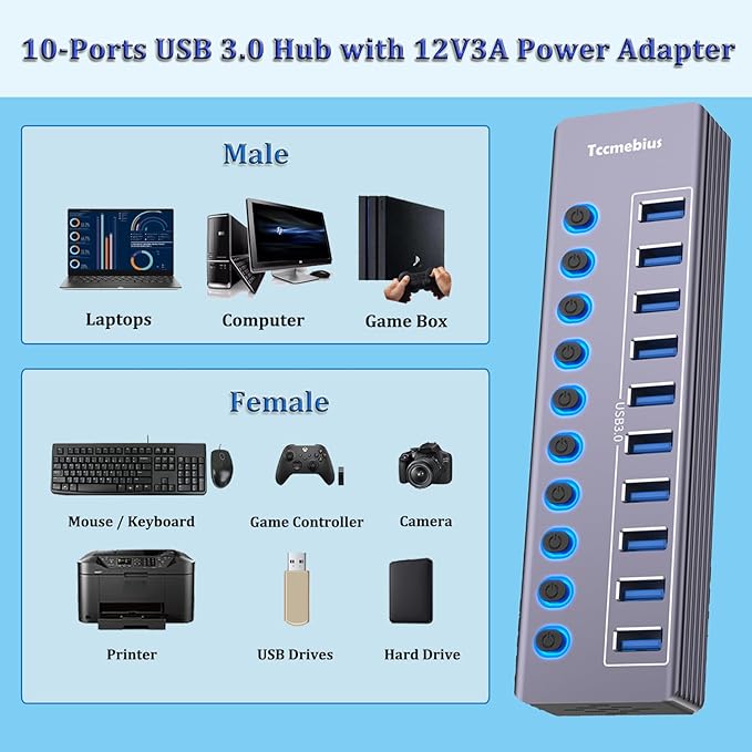 Powered 10-Port USB 3.0 Hub USB C to 10 Ports USB Data Hub Splitter with Individual LED On/Off Switche 3.3FT Cable 12V/3A Power Adapter for Laptop MacBook Pro/Air PC (Aluminum Gary)