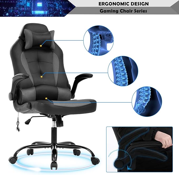Massage Gaming Chair for Adults PC Silla Gamer Cheap Game Ergonomic Desk with Headrest Lumbar Support High Back Video Chairs Kids Ages 8-12 Grey 1